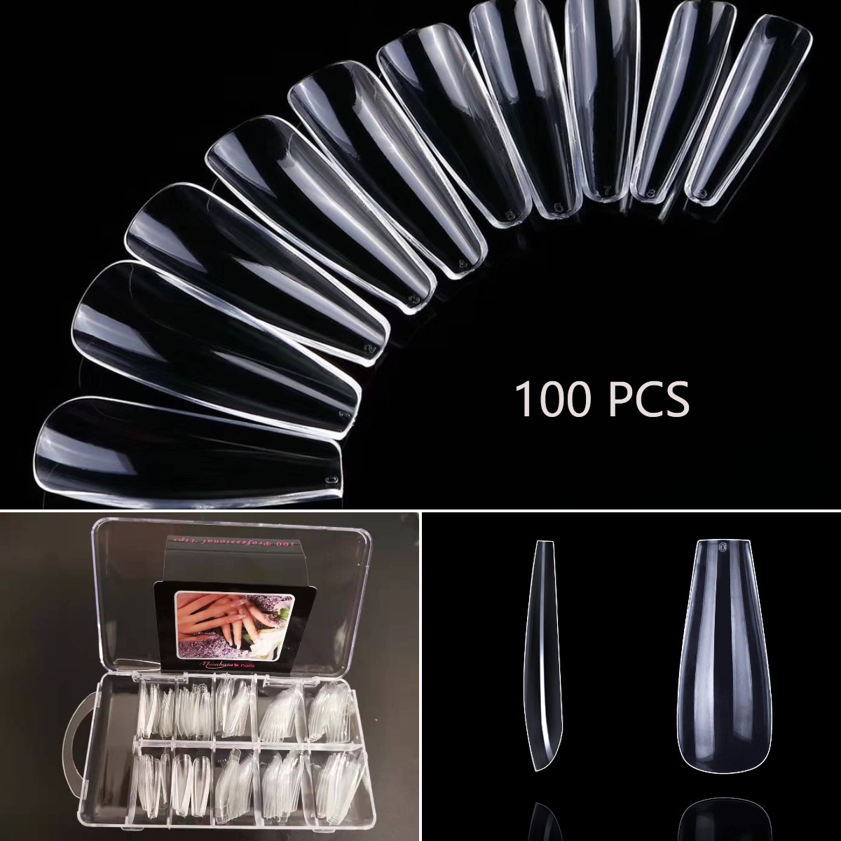 Teljes borítású hosszú balett-köröm tippek 10 méret,100dbBOX，clear