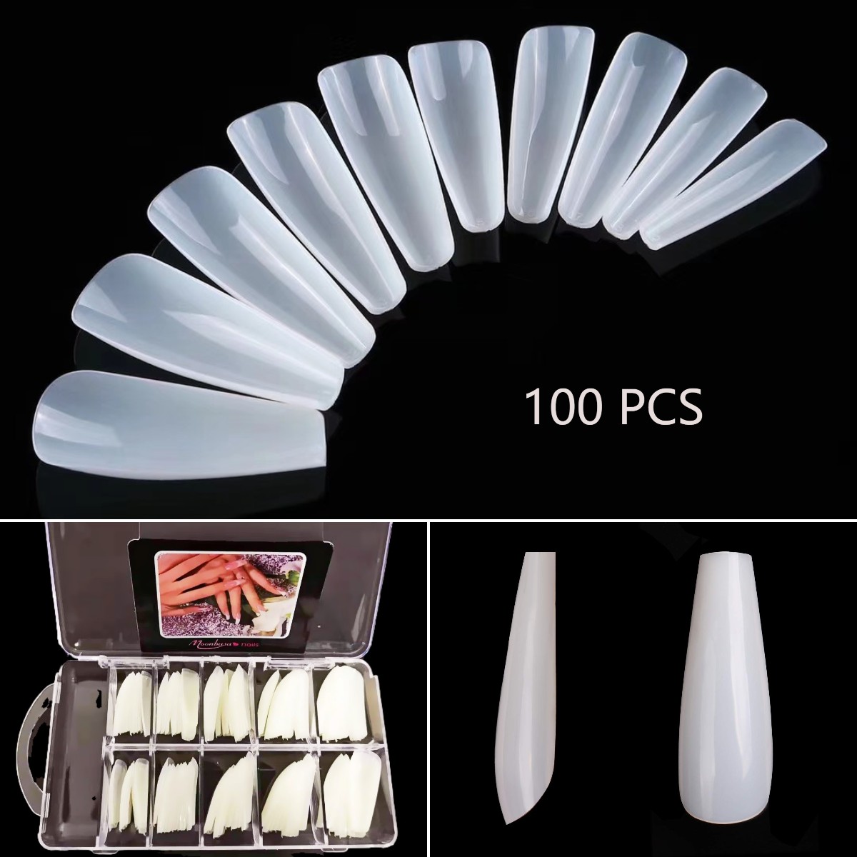 Teljes borítású hosszú balett-köröm tippek 10méret,100db BOX，Natur